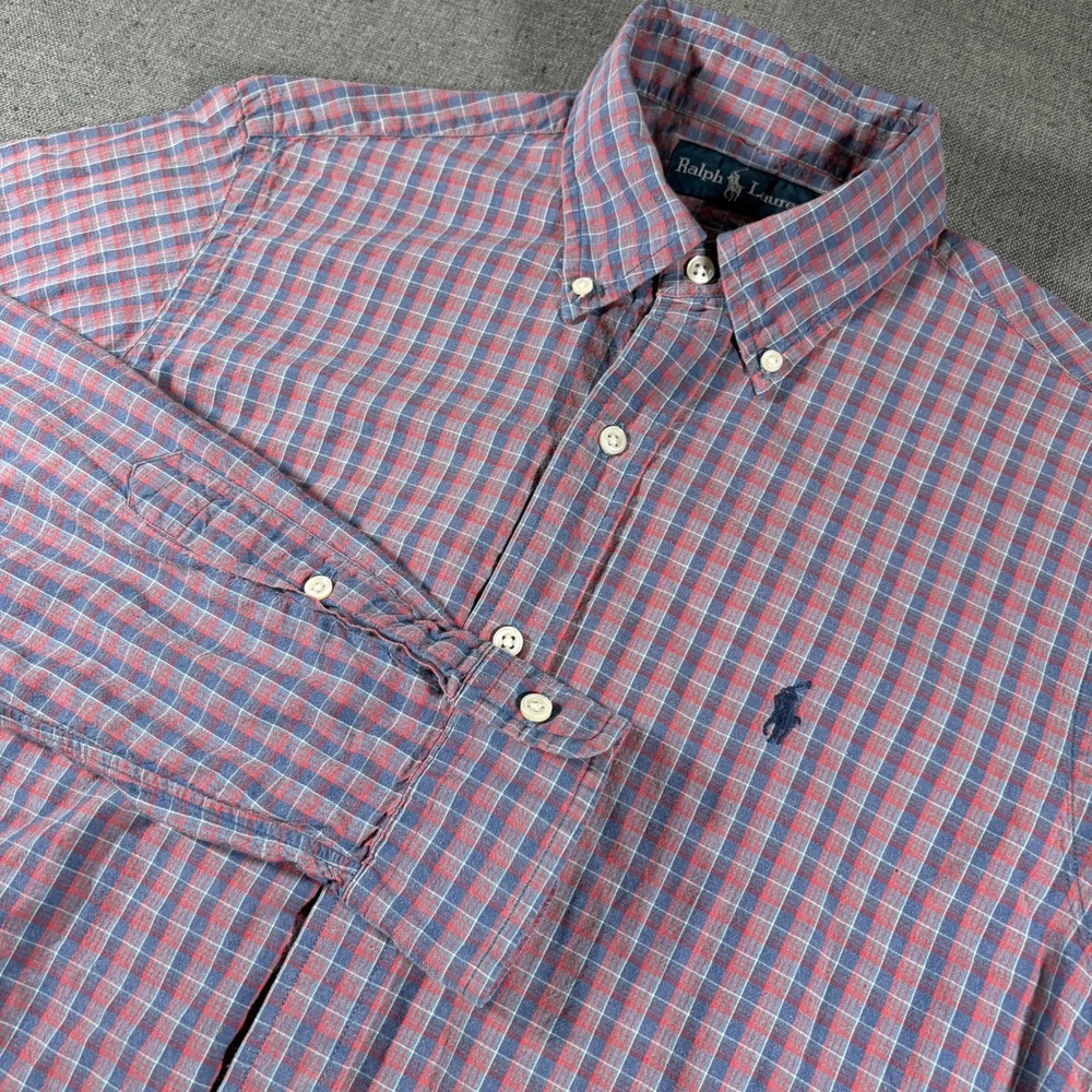 Ralph Lauren Plaid Button Down Shirt Mens Medium Red Blue Long Sleeve Cotton‎